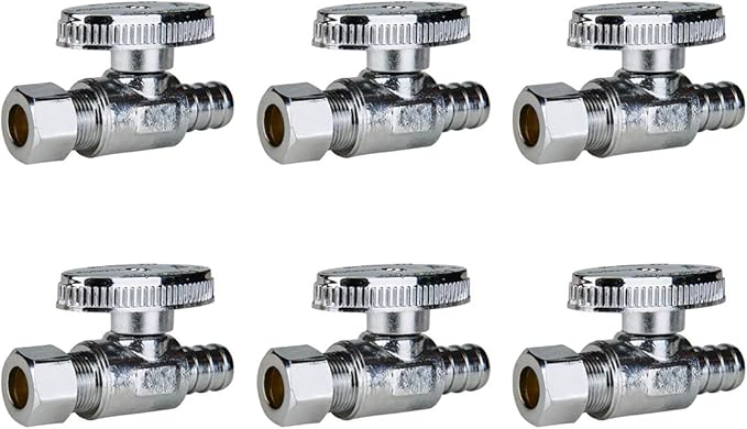 SUNGATOR 6-Pack Straight Stop Valve, 1/2" PEX x 3/8" OD Compression, Quarter Turn Chrome Plated, 1/2 inch Pex Shut Off Valves for Faucet and Toilet, UPC Certified
