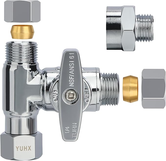 YUHX Brass Angle Stop Add-A-Tee Valve, 3/8 Inch Compression Outlet Easy Connect 3 Way Diverter 3/8"x3/8"x1/4" or3/8"Ice Maker RO System T