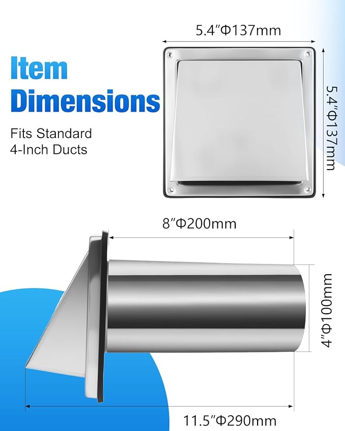 4" Dryer Vent Cover Outside with Screen, Hooded Wall Vent with Non-Return Flap for Kitchen Range Hood Dryer Ventilation (with Detachable Extended Pipe Vent Hood, Stainless Steel)