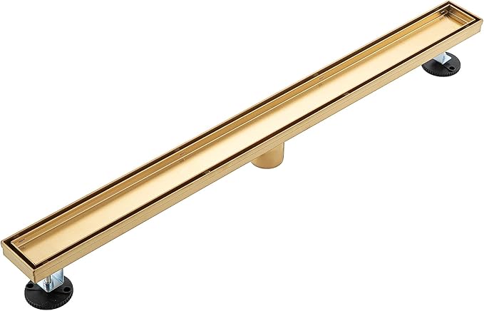 32 inch Linear Shower Drain with Removable Square Hole Panel by Using Brushed 304 Stainless Steel Process, Linear Drain Equipped with Adjustable Feet and Hair Strainer(Brushed Gold Color)