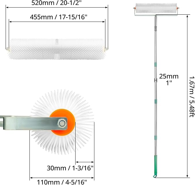 QWORK Spiked Screeding Compound Roller, 20" x 1" Latex Floor Self Leveling Screed Spiked Roller Remove Bubble Smooth Level Screed Surface