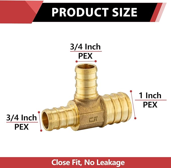 (Pack of 3) EFIELD Barb Crimp Pex 1" x 3/4" x 3/4" Reducing Tee Brass Fittings,ASTM F1807,(PEX1807088-3PCS)