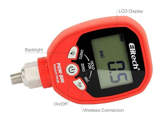 Elitech PGW-800 Wireless Digital High Pressure Gauge HVAC IP65 Waterproof -14.5~800 PSI 1/8'' NPT