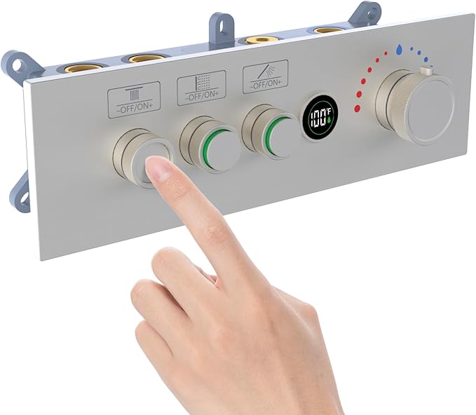 Enga 3-Function Shower Mixing Valve, Temperature Display Push-Button Thermostatic Valve with Flow Volume Control, Brushed Nickel