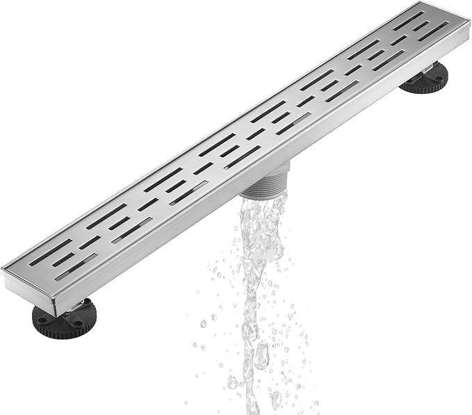 Sharp-tec Linear Shower Drain, 24 inch Shower Drain with Removable Pattern Cover, Brushed Nickel 304 Stainless Steel Rectangle Floor Drain, Adjustable Feet and Hair Strainer Included (Model 101)