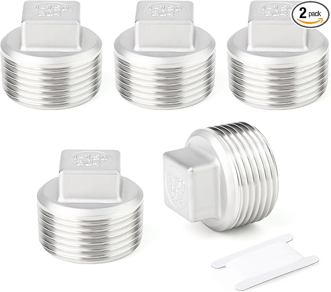 TAISHER 2PCS 304 Stainless Steel Outer Square Thread Socket Pipe Plug Fitting 1" NPT Male