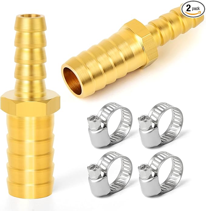 GASHER 2 Pieces Brass Hose Barb Reducer, 5/8 Inch to 3/8 Inch Barb Hose ID with 4 Hose Clam, Brass Barb Reducer SPLICER Fitting Fuel/AIR/Water/Oil/Gas/WOG