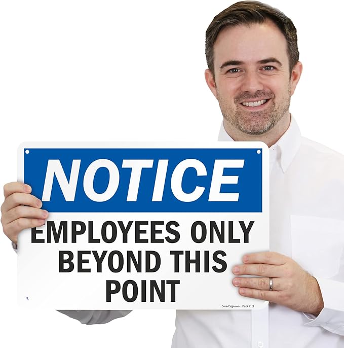 SmartSign 12 x 18 inch “Employees Only Sign, Employees Only Beyond This Point Sign” Metal Sign, 63 mil Laminated Rustproof Aluminum, Blue, Black and White, Made in USA