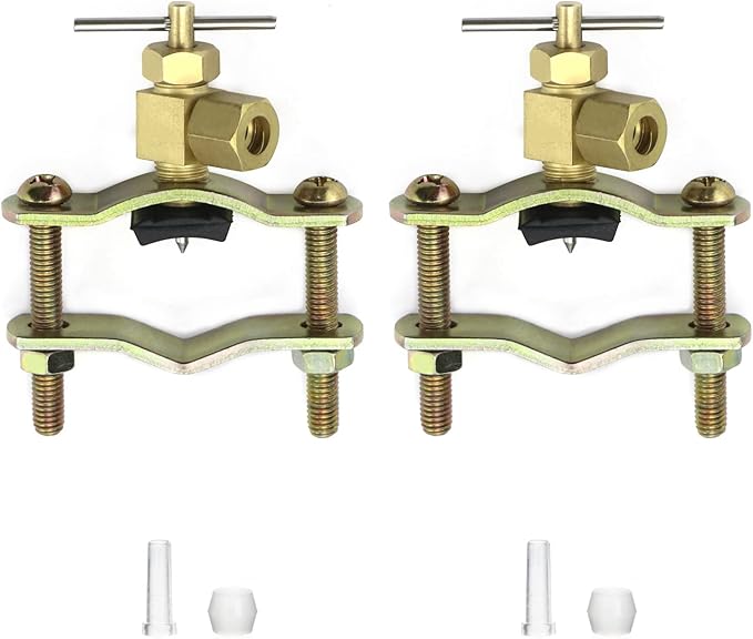 QWORK Self-Tapping Saddle Valve, Pack of 2, Copper Needle Valve with 1/4" Compression Outlet, Fit 3/8" to 1-1/4" OD Tube
