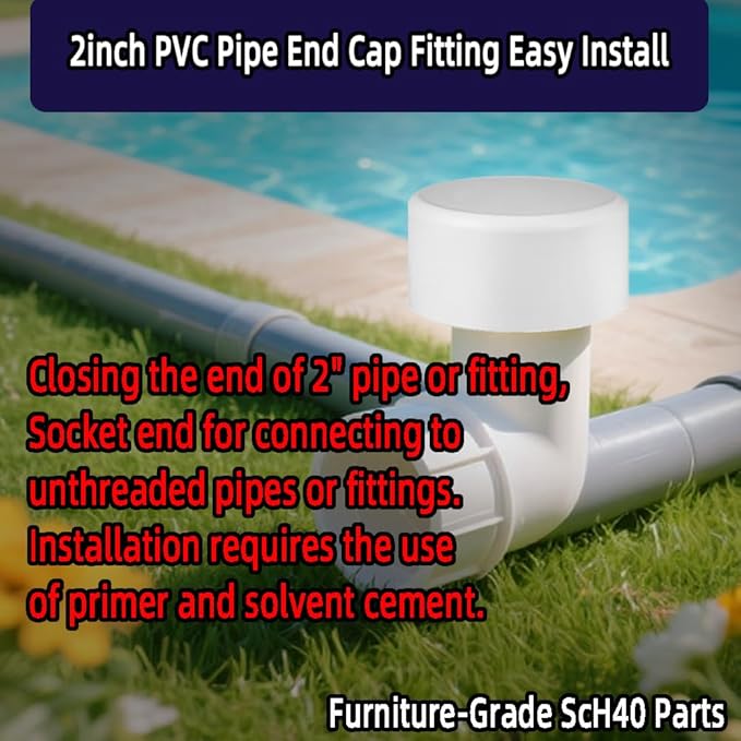 6Pack 2" PVC Pipe End Cap Fitting,Schedule 40, 2inch PVC Pipe End Cap Plug Adapter for Cold Water Supply Lines,Garden Irrigation,Pipe Fitting Systems&DIY Garden Shelf, White.