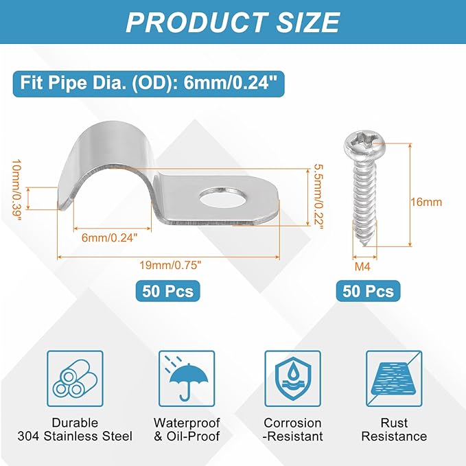uxcell 50Pcs 6mm(1/4") One Hole Rigid Pipe Strap, 304 Stainless Steel Conduit Clamp Thicken U Bracket Heavy Duty Pipe Clamp with Self-Tapping Screws for Fixing Tube Cable, Silver