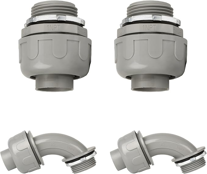 Conduit Connectors, 1 Inch Liquid Tight Connector NPT Non-Metallic for PVC Electrical Flexible Conduit Fittings, 2 Straight and 2 Angle 90 Degree, UL Listed, Grey (4-Pack)