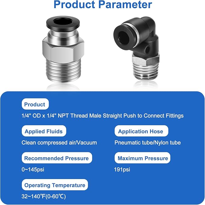 12 Pcs Push to Connect Fittings 1/4 Inch Tube OD x 1/4 Inch NPT Thread Pneumatic Male Straight and Elbow Quick Connect Air line fittings