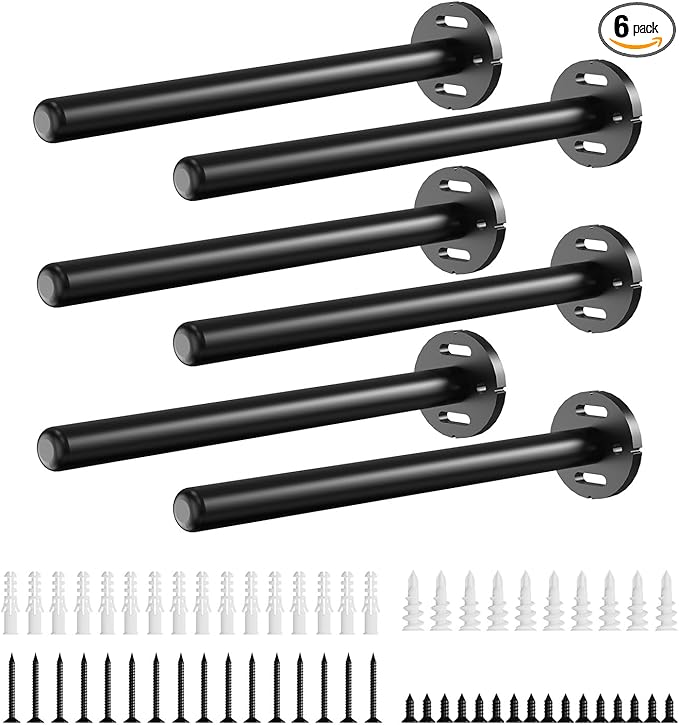 6pcs Floating Shelf Bracket Heavy Duty Shelving Mounting Brackets Hidden Floating Shelf Hardware,Black Metal Shelf Support Bracket (8 inch --6pcs--Without Tools)