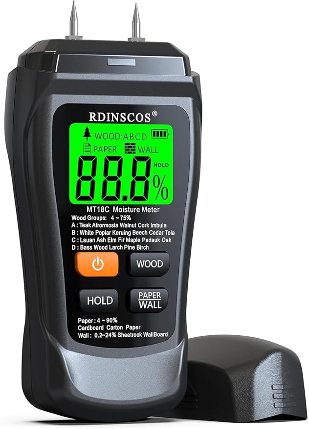 RDINSCOS Moisture Meter for Wood, Drywall, and Building Materials – Digital Moisture Detector with Fixed Pins, 4 Material Modes, LCD Display, for Home Inspection and Firewood Testing