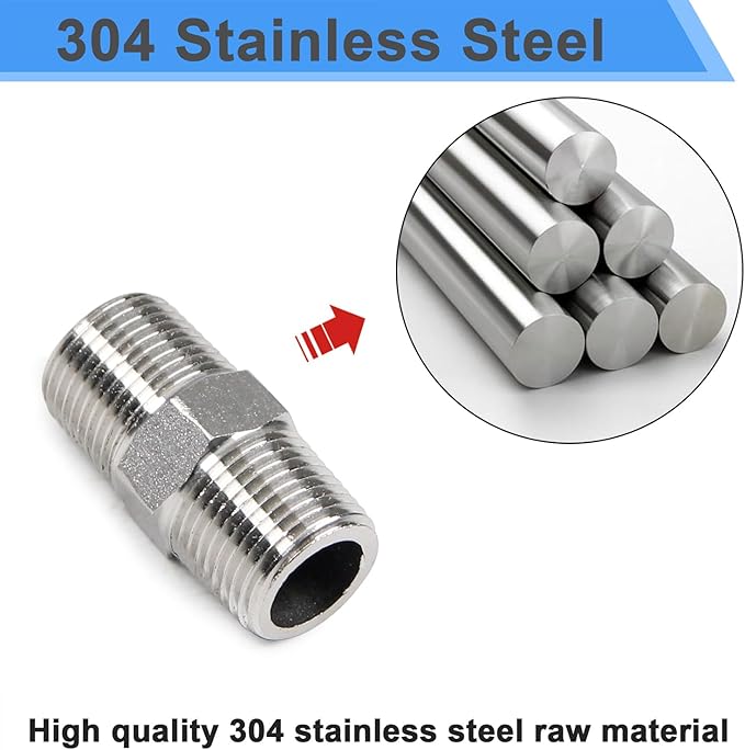 2Pcs 3/8" Male Hex Nipple Pipe Fittings, 304 Stainless Steel Threaded Adapter Fittings, 3/8 Inch Male Equal Nipples Connectors, Male Straight Threaded Pipe Fitting