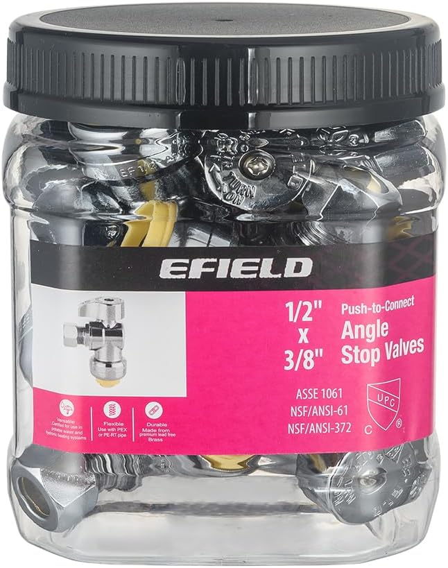 Pro 8-Pack EFIELD Push Fit 1/4 Turn Angle Stop Valve,1/2 Push x 3/8 Inch Compression, Chrome Plated, Heavy Duty,(PF-VALVE082-8PCS)