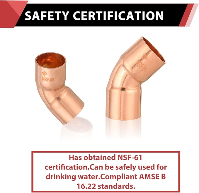 EFIELD 1-1/2" C X C Copper 45 Degree Elbow, LF Short Turn Copper Plumbing Fittings with Sweat Solder Connection,(COPPER073)