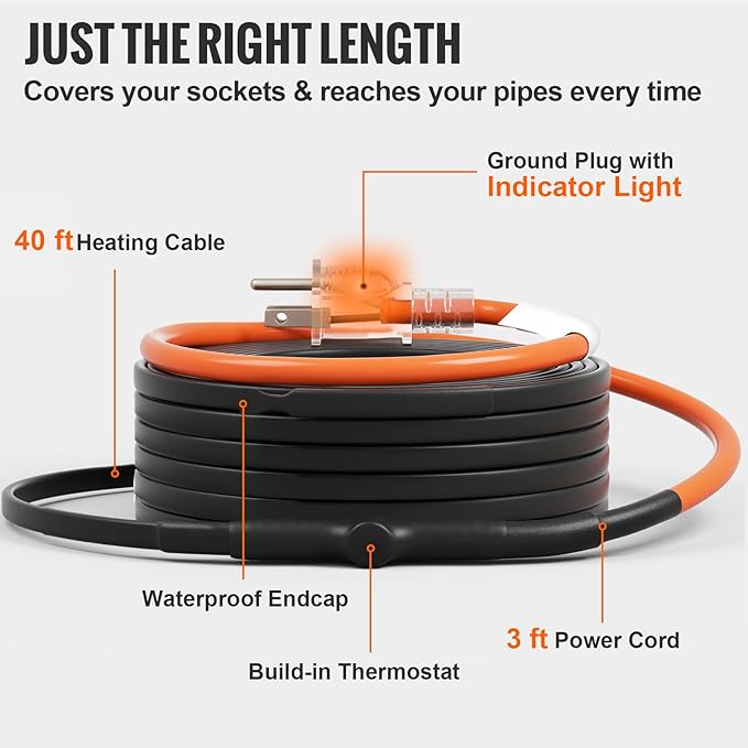 VEVOR Self-Regulating Pipe Heating Cable, 40FT 5W/FT Heat Tape for Pipes Freeze Protection, Water Pipe Heat Cable with Built-in Thermostat Protects PVC Hose, Metal and Plastic Pipe from Freezing
