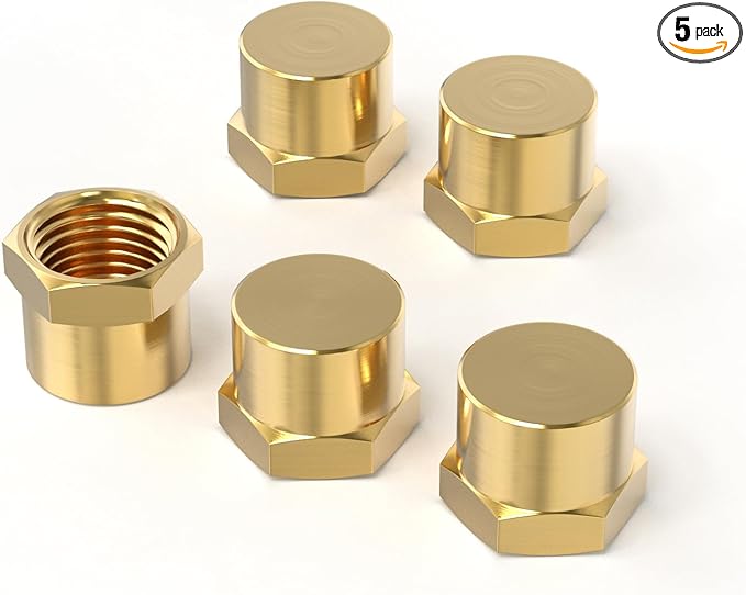GASHER 1/8"NPT Brass Pipe Cap, NPT Female Thread Socket Pipe End Cap Plugs Fitting 5PCS