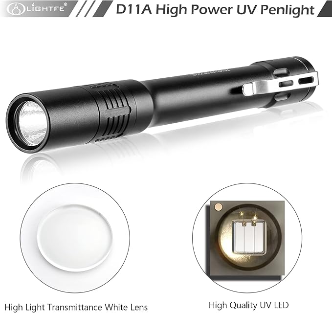 LIGHTFE Black Light D11A 395nm Ultraviolet Flashlight with high-Power Ultraviolet LED Light Source, Used for UV Glue Curing, Rock and Mineral Detection, pet Urine Detection lamp, AC Leak Detector