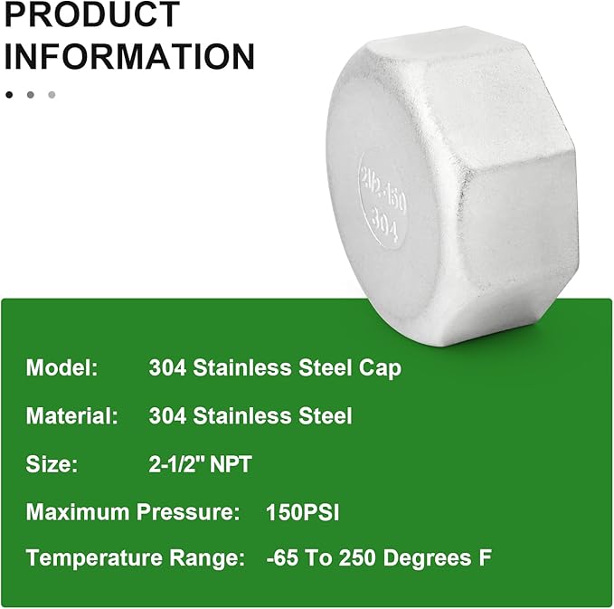 TAISHER 1PCS 304 Stainless Steel Cap Pipe Plug Socket Fitting 2-1/2" NPT Female