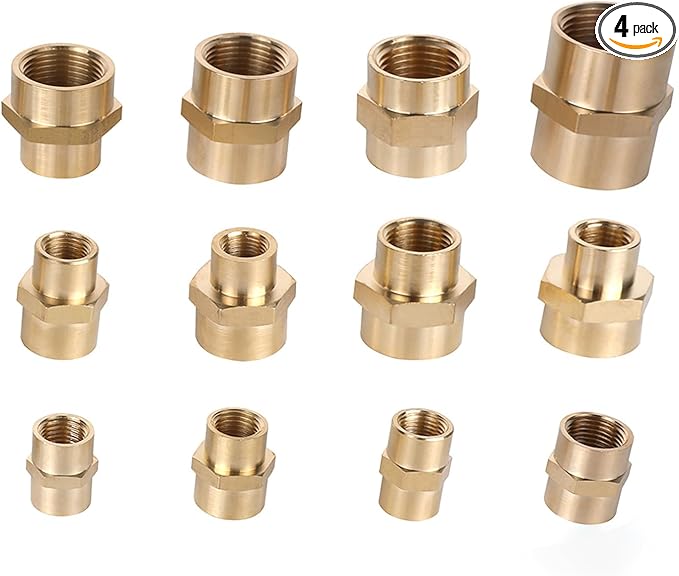 Hex Couplings, 1/8" NPT Female To Female Brass Hex Nipple Adapters, Brass Pipe Extension Fittings for Oil/Air/Water/Gas Systems. (4 Pack)