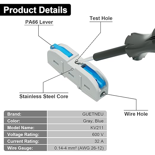 20Pcs Lever Wire Connectors, 1 Conductor Splicing Compact Splitter Docking Terminal Block Electrical Connectors for 26-12 AWG, 600V 32A (Blue)