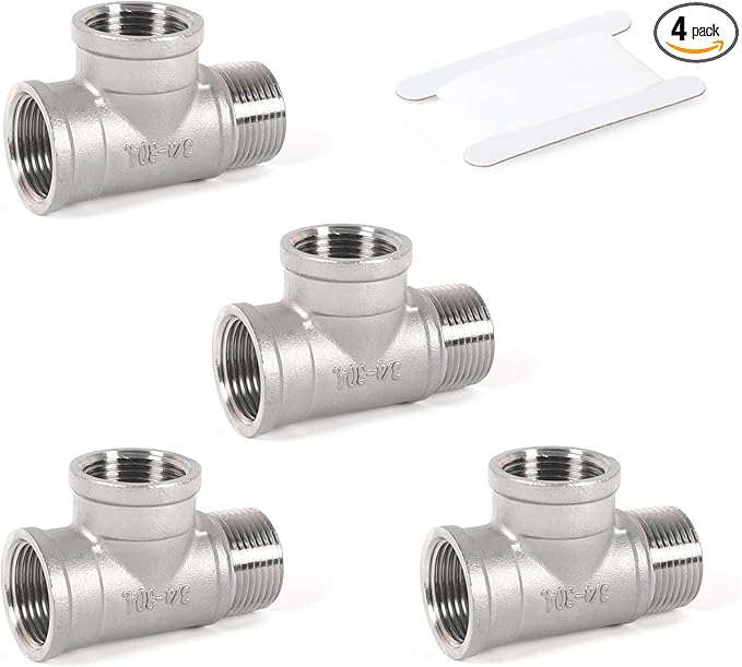 Kodilin Pipe Fittings 304 Stainless Steel Tee Pipe Fittings, Male Run Tee 3/4" NPT Female x 3/4" NPT Female x 3/4" NPT Male Thread Adapter - 4PCS