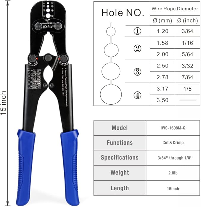 iCrimp Swaging Tool, Wire Rope Crimping Tools for Aluminum Copper Duplex Hourglass Sleeves, Stop Buttons and Ferrules with Built-in Cable Cutter Works from 3/64-inch to 1/8-inch