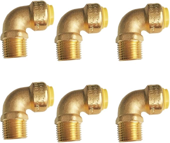 HQMPC 1/2" Pex Fittings No Lead Male PushFit Elbow 90-Degree -PEX Fitting 1/2" 90 Degree Elbow Push-to-Connect Plumbing Fitting for Copper, PEX, CPVC (6pcs 1/2")