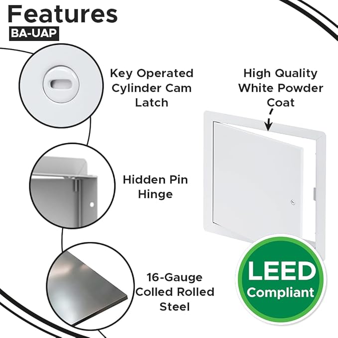 Best 30" x 30" Universal Access Panel – Flush Steel Door with Exposed Flange for Walls or Ceilings, 16-Gauge Cold Rolled Steel Frame, Screwdriver Cam Latch, White Powder-Coat Primer Finish, BA-UAP