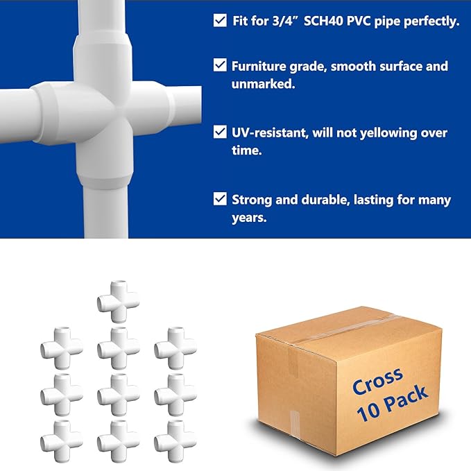 ‌letsFix 4 Way Cross PVC Fittings 3/4 Inch (10-Pack), Furniture-Grade, Heavy-Duty Pipe Connectors for Plumbing, DIY Projects, and Home Furniture Assembly, Compatible with 3/4" Schedule 40 PVC Pipes‌