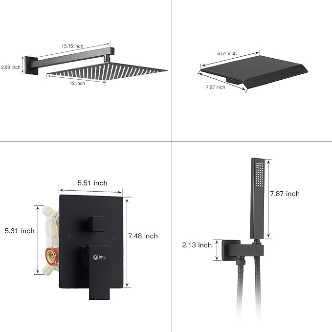 BWE 12 Inch Black Shower System Faucet Waterfall Tub Complete with Matte Spout Set Square Luxury Rain Mixer Pressure Balancing 3-Function Wall Mount Rainfall Rough-in Valve Body and Trim Included