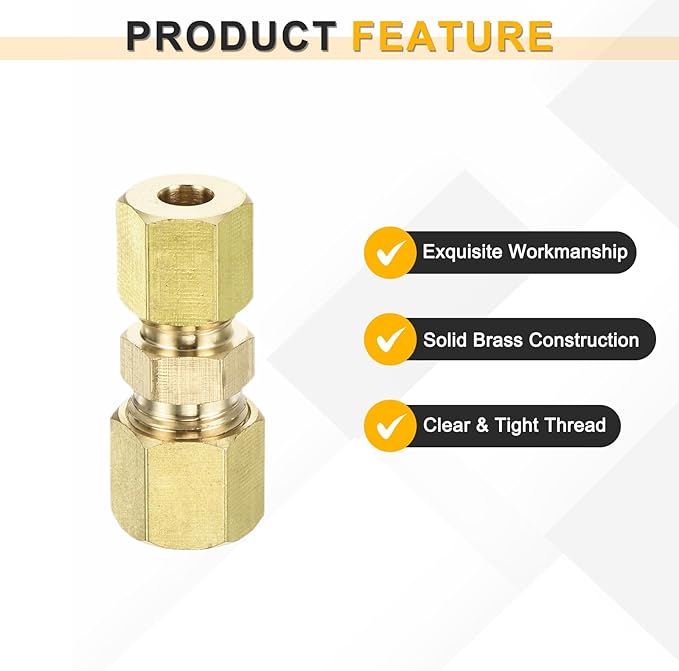 uxcell 5Pcs Brass Compression Tube Fitting, 3/16" Tube OD x 1/4" Tube OD Connector Straight Coupling Adapter Union Fittings