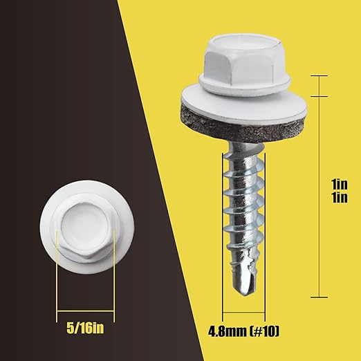 300pcs #10 x 1 White Hex Head Self-Drilling Metal Roofing Screws, EPDM Washer, Colored Head, Wood Screws, Sheet Metal Roof Screw with Hex Driver Bit