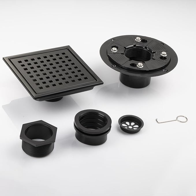 Square Shower Drain, Black Shower Drain 6 inch with Flange and Removeable Grate Cover, AISI 304 Stainless Steel Matte Black Shower Floor Drain with Hair Catcher and Flange