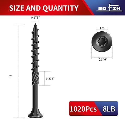 #8 x 2 Inch Deck Screws (1020Pcs) 8lb. Carbon Steel, Black, Flat Head, Rust Resistant epoxy Coated, with T25 Star Bit