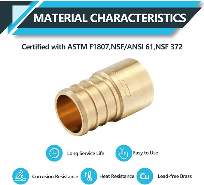 (50-Pack) PEX Fittings, Pex 1"x3/4" Female Sweat Copper Adapter, Brass Crimp Fittings, for PEX Tubing Pipe Plumbing, ASTM F1807