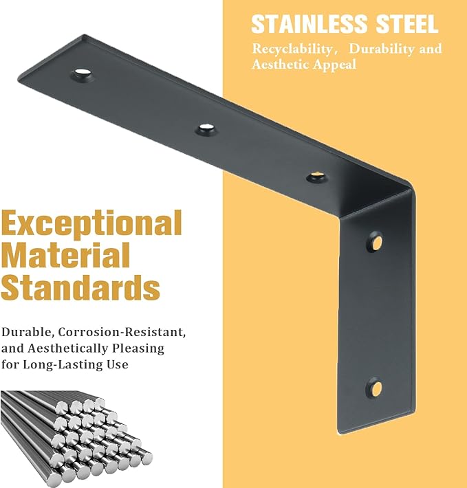 Alise Floating Shelf Brackets Heavy Duty L-Shaped Wall Brackets - Black Angle Corner Braces for Shelves, Stainless Steel Reinforced Shelf Support Bracket for Wooden Boards 5x3.4 Inch, Pack of 4