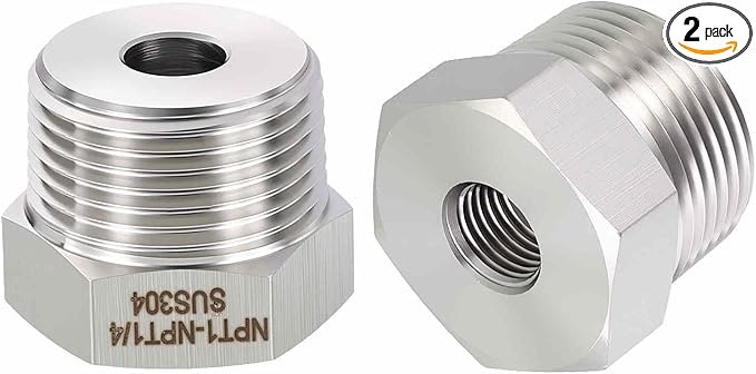 2 Pack 304 Stainless Steel Pipe Fittings, 1" MNPT to 1/4" FNPT Hex Bushing Reducer, Hose Tube Threaded Adapters for Air, Oil, LP, Gas