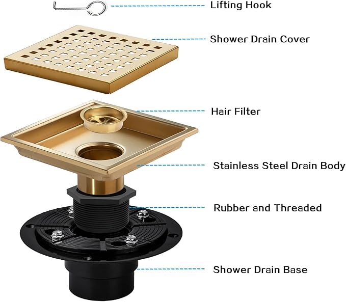 Square Shower Drain, Gold Shower Drain 6 inch with Flange and Removeable Grate Cover, AISI 304 Stainless Steel Gold Shower Floor Drain with Hair Catcher and Flange