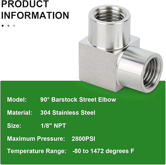 TAISHER 2PCS 304 Stainless Steel Square 90 Degree Barstock Street Elbow, 1/8 Inch NPT Female Pipe to 1/8 Inch NPT Female 304 Stainless Pipe Fitting