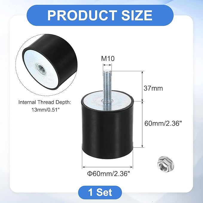 uxcell M10 Rubber Mounts, 1Pcs 60x60mm(DxH) Rubber Cylindrical Anti Vibration Isolator Shock Absorber with Lock Nut for Car Bobbin Generator Air Compressors