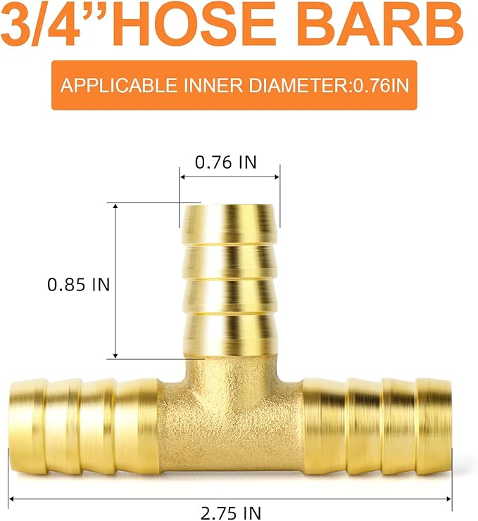 GASHER 2 Pieces Brass Hose Barb Tee, 3-Way Tee Hose Fitting (3/4" x 3/4" x 3/4" Hose Barb) with 6 Hose Clamps