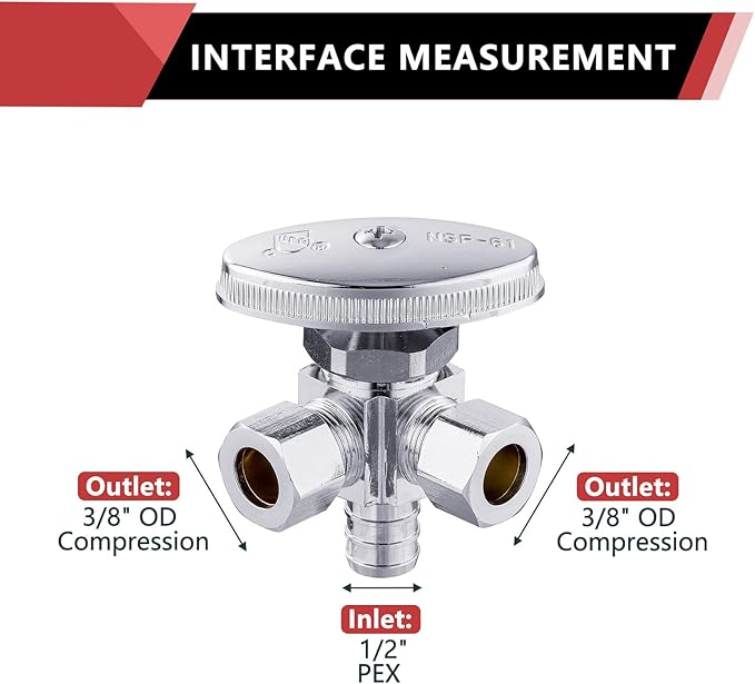 EFIELD Dual Outlet Angle Stop Valve,1/2" Crimp Barb Pex Inlet x (3/8 inch x 3/8 inch) Compression Outlet,(VALVE063)