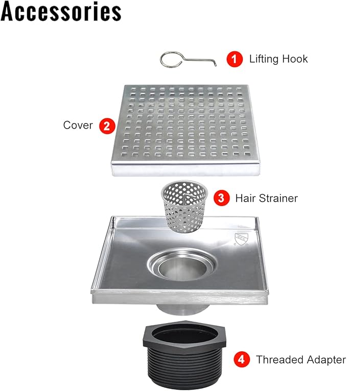 SaniteModar Shower Drain 4 inch with Removable Square Hole Panel, 304 Stainless Steel Brushed Shower Drain Equipped Hair Filter and Threaded Joint with Rubber Ring