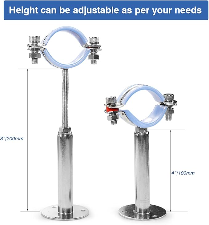 AKIHISA 2 Pcs 304 Stainless Steel Pipe Supports, Wall Mount Ceiling Mount Pipe Hanger, Pipe Holder for OD Pipe 38-40MM Adjustable Height Range 100-200mm