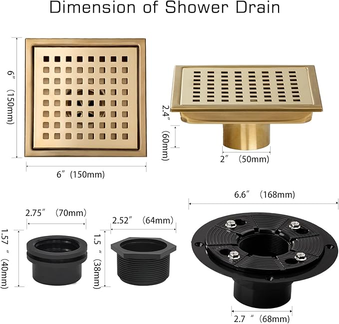 Square Shower Drain, Gold Shower Drain 6 inch with Flange and Removeable Grate Cover, AISI 304 Stainless Steel Gold Shower Floor Drain with Hair Catcher and Flange