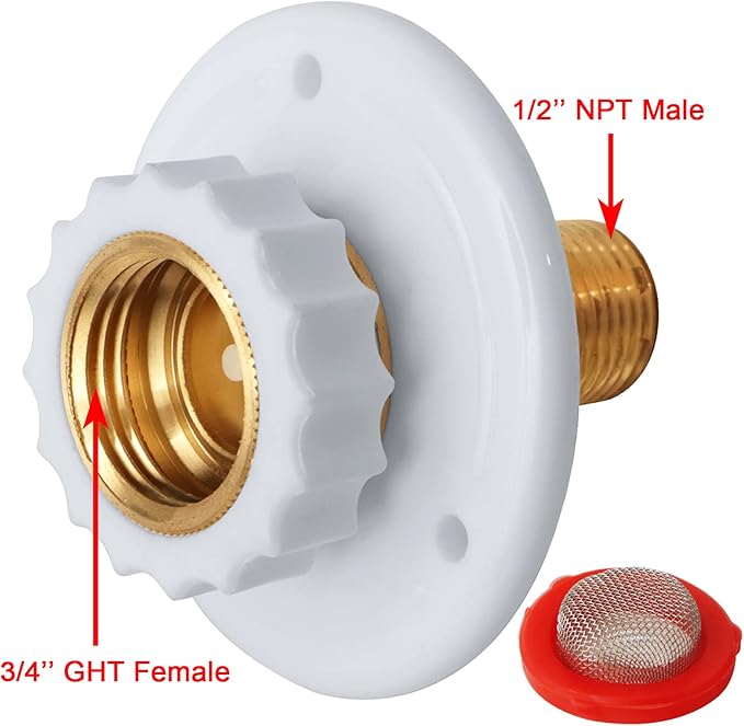 RV Water Inlet Replacement,RV City Water Inlet with Check Valve,City Water Fill Inlet Flange Brass Fresh City Water Inlet Connection for RV Camper Trailer Marine Motorhome,White
